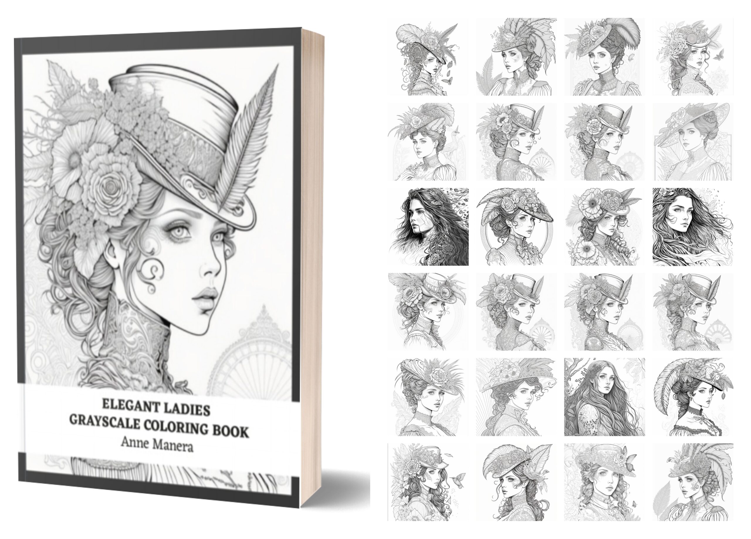 Elegant Ladies Grayscale Coloring Book 24 pages PDF or printed pages