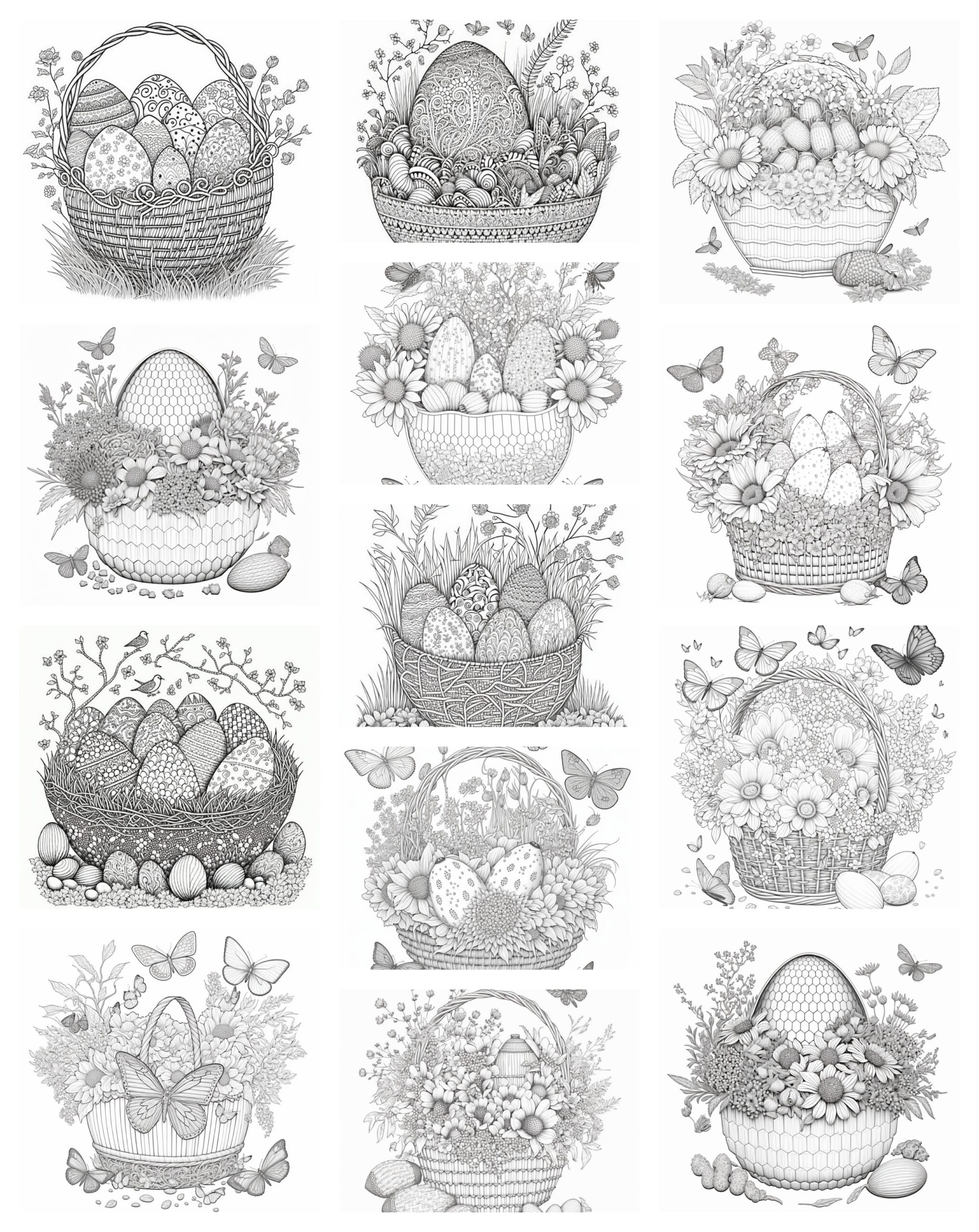 Baskets & Flowers Grayscale Coloring Book 13 pages PDF or printed pages 